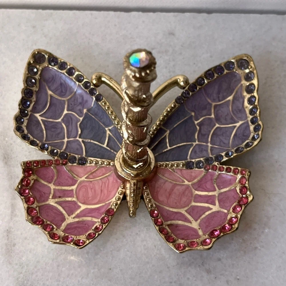 Pink purple Enamel and Gold Plated Butterfly Jewelry Ring Holder w/ Crystals